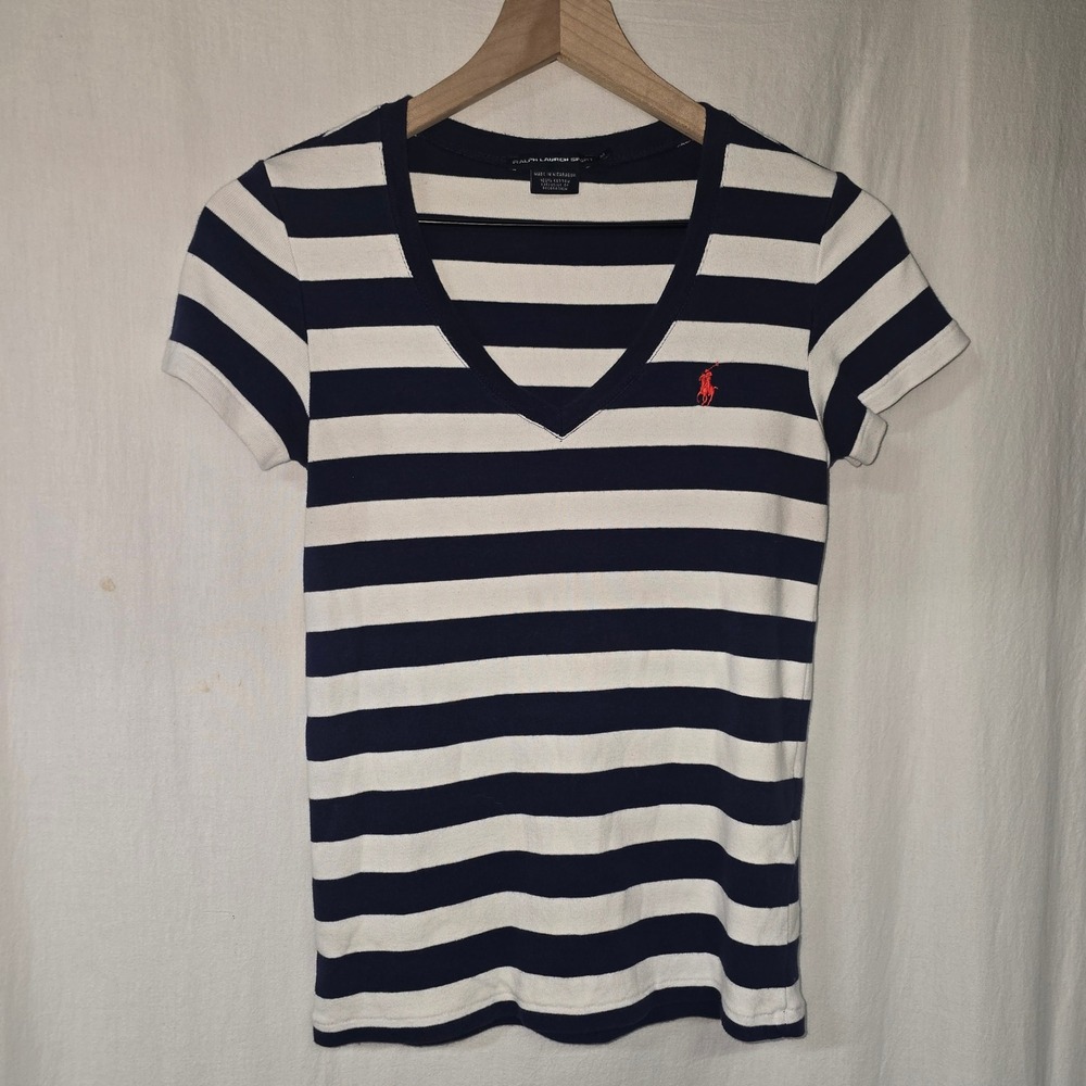 Ralph Lauren Sport V-Neck Tee Women M Navy White Striped Cotton Nautical Preppy